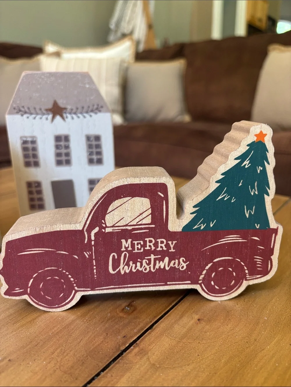 Merry Christmas Red Truck Wooden Holiday Décor